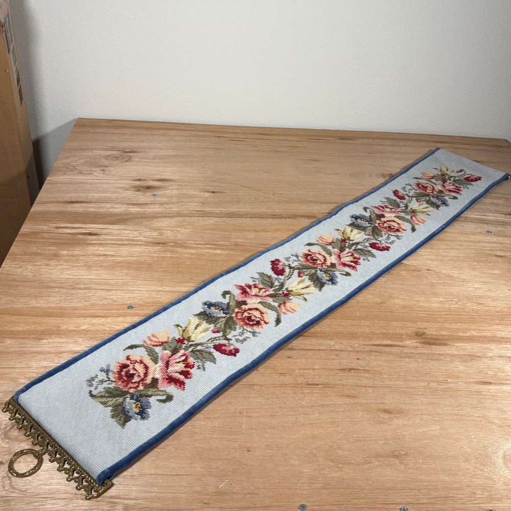 Vintage Floral Needlepoint Bell Pull Blue Velvet Backing Brass Hardware 40 Inch